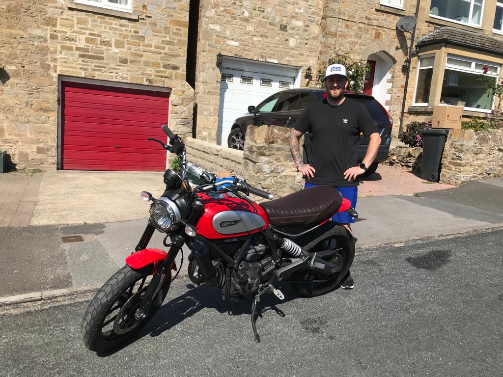 Winner Christopher Birkbeck of a 2015 Ducati Scrambler  – 803cc with R&G bits and Remus pipe- 15th June